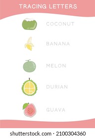 Tracing letters. Tracing names of fruits name worksheet. Writing practice. Educational printable colorful worksheet. Vector file.