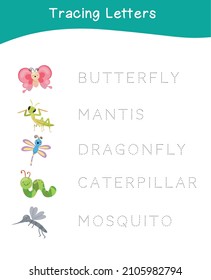 Tracing letters. Tracing names of insect names worksheet. Writing practice. Educational printable colorful worksheet. Vector file.