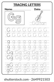 Tracing letters worksheet for kids to practice uppercase and lowercase G. Educational activity for preschool and kindergarten.