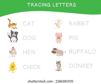 Tracing letters worksheet. Writing practice. Educational colorful worksheet. Vector file.