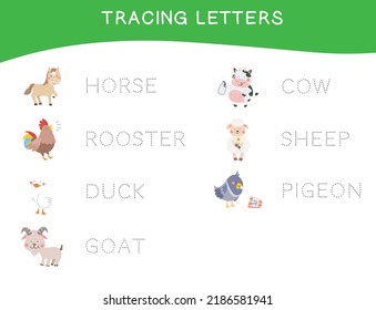 Tracing letters worksheet. Writing practice. Educational colorful worksheet. Vector file.