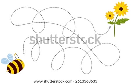 Tracing line worksheet for kids with bee and flowers, preschool maze activity, educational game for children. Handwriting practice sheet. Preschool worksheet, kindergarten tracing worksheet for practicing fine motor skills.
