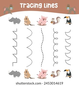 Tracing lines activity for children. Tracing worksheet for kids. Educational printable worksheet. Printable activity page for kids. Learning Game. Vector file.