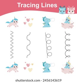 Tracing lines activity for children. Tracing worksheet for kids. Educational printable worksheet. Printable activity page for kids. Learning Game. Vector file.