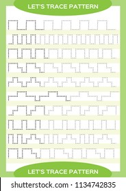 Seguimiento De La Actividad De Las Líneas Durante Los Primeros Años. Especial para niños en edad preescolar. Hoja de trabajo para practicar habilidades motoras finas Trazando líneas discontinuas. Mejora de las habilidades y tareas. Completa el patrón. Verde A4