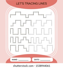Tracing Lines Activity For Early Years. Preschool worksheet for practicing fine motor skills.Tracing dashed lines. Improving skills tasks. Complete the pattern.Vector A4 ready to print. Red. Vector.