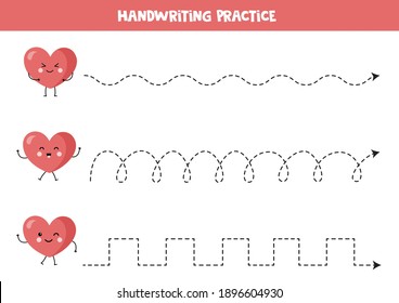 Tracing Lines Activity Page With Cute Kawaii Valentine Hearts. Handwriting Practice For Kids.