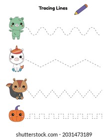 Tracing lines activity worksheet for kindergarten kids. Halloween theme. Educational game. Cute cartoon kawaii animals - zombie bear, skeleton squirrel and unicorn. Practicing fine motor skills.