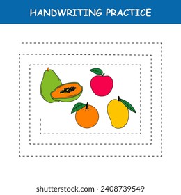 Líneas de seguimiento con manzana , papaya, mango, naranja , frutas . Práctica de escritura a mano para niños. Practicando habilidades de escritura. Hoja de cálculo imprimible educativa.