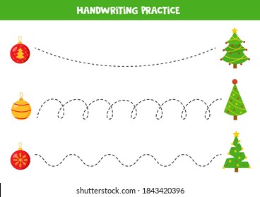 Tracing lines between Christmas balls and trees. Handwriting practice for kids.