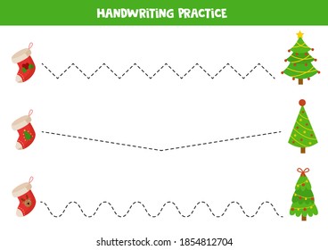 Tracing lines with cartoon Christmas trees and socks. Handwriting practice.