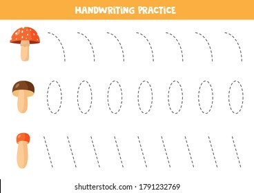 Tracing lines with cartoon forest mushrooms. Educational game for kids. Handwriting practice for kids.