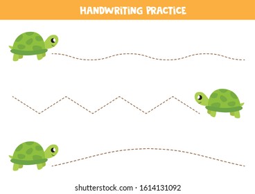Tracing lines with cartoon turtle. Handwriting practice for kids.
