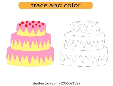 Tracing lines for children development, bright cake pie, handwriting practice for children, vector