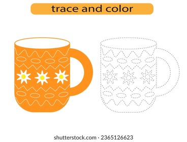 Tracing lines for children development, bright mug cup tableware, handwriting practice for children, vector EPS10