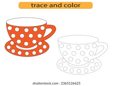 Tracing lines for children development, bright mug cup tableware, handwriting practice for children, vector EPS10