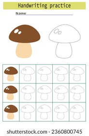 Tracing lines for children development, dotted line trace mushroom, handwriting practice for children, vector
