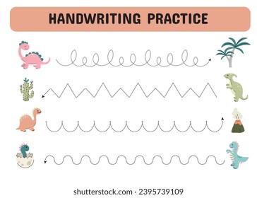 Tracing lines for children. Handwriting practice with cartoon dinosaurs. Educational game for preschool kids. Printable Page worksheet. Vector illustration