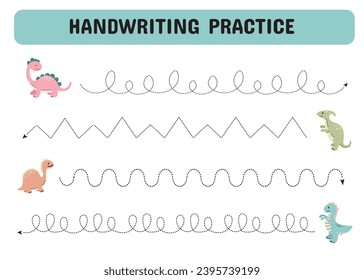 Tracing lines for children. Handwriting practice with cartoon dinosaurs. Educational game for preschool kids. Printable Page worksheet. Vector illustration