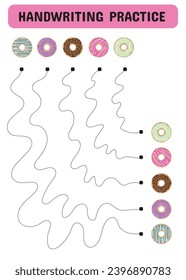 Tracing lines for children. Handwriting practice with donuts. Educational game for preschool kids. Printable Page worksheet. Vector illustration. 