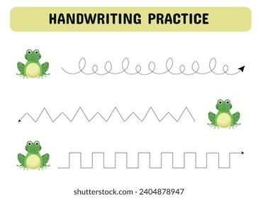 Tracing lines for children. Handwriting practice with frog. Educational game for preschool kids. Printable Page worksheet. Vector illustration.