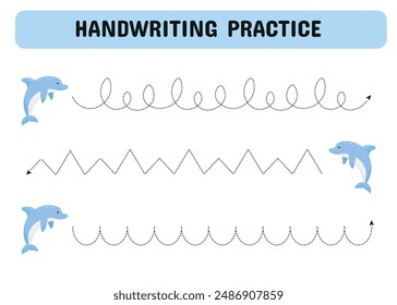 Tracing lines for children. Handwriting practice with a dolphin. Educational game for preschool kids. Printable Page worksheet. Vector illustration	