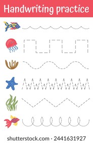 Tracing lines for children with with tropical fish elements. Handwriting practice for preschool, kindergarten. Toddler busy book pages, learning activities educational games, teacher resources.