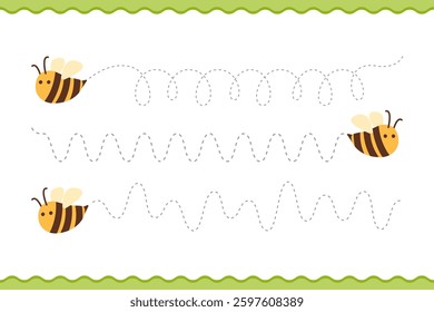 Tracing lines Colorful Bee Flight Path Craft Educational Material with Dotted Lines. Illustrated design used for tracing exercises and educational activities. Handwriting practice