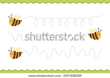 Tracing lines Colorful Bee Flight Path Craft Educational Material with Dotted Lines. Illustrated design used for tracing exercises and educational activities. Handwriting practice