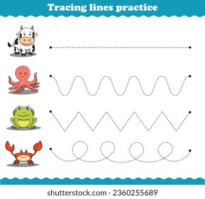 Tracing Lines cow octopus frog crab. Educational games. Worksheet activity for preschool kids. Vector illustration