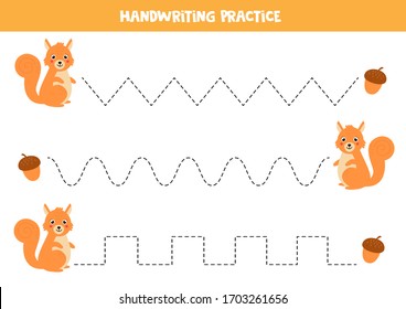 Tracing lines with cute cartoon squirrel. Handwriting practice for kids.