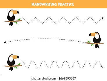 Tracing lines with cute cartoon toucans. Handwriting practice for kids. 