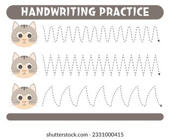 Tracing lines with cute cat. Handwriting practice. 