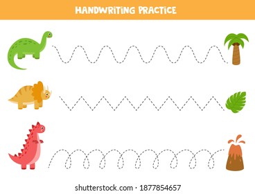 Tracing lines with cute dinosaurs. Handwriting practice for children. 