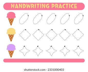 Tracing lines with cute ice cream. Handwriting practice. 