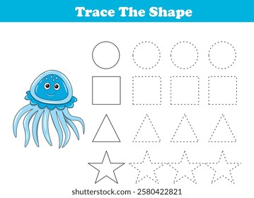 Tracing lines of different shape for kids with jellyfish. Vector Illustration