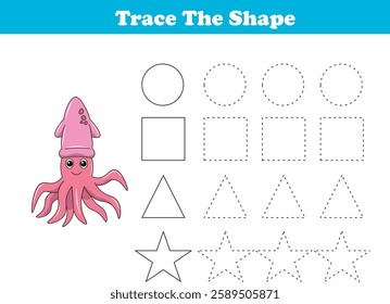 Tracing lines of different shape for kids with squids. Vector Illustration