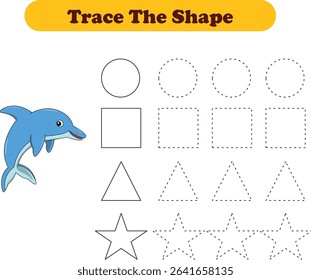 Tracing lines of different shape for kids with dolphins. Vector Illustration