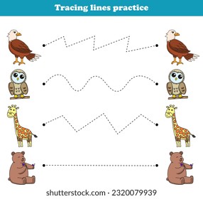 Tracing Lines eagle owl giraffe bear. Educational games. Worksheet activity for preschool kids. Vector illustration