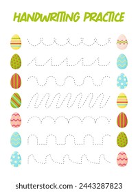 Tracing lines with eggs. Handwriting practice for children.Practicing fine motor skills. Educational game for preschool kids. Vector illustration.