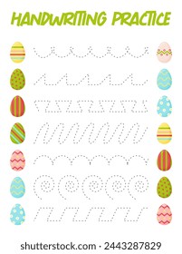 Tracing lines with eggs. Handwriting practice for children.Practicing fine motor skills. Educational game for preschool kids. Vector illustration.