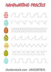 Tracing lines with eggs. Handwriting practice for children.Practicing fine motor skills. Educational game for preschool kids. Vector illustration.