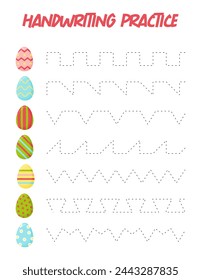 Tracing lines with eggs. Handwriting practice for children.Practicing fine motor skills. Educational game for preschool kids. Vector illustration.