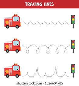 Tracing lines with fire truck. Educational worksheet for kids. Handwriting practice.
