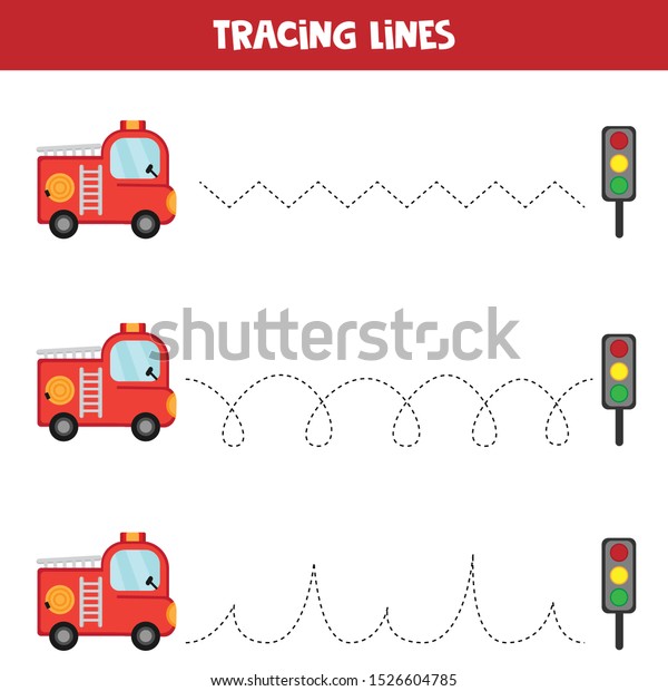 Tracing lines with fire truck. Educational\
worksheet for kids. Handwriting\
practice.