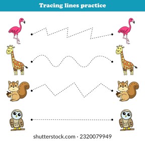 Tracing Lines flamingo giraffe squirrel owl. Educational games. Worksheet activity for preschool kids. Vector illustration