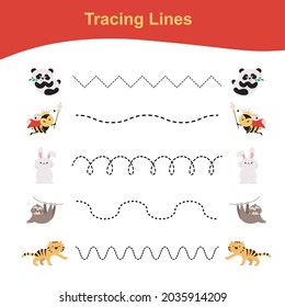 Tracing Lines Game Animals Edition. Educational worksheet. Worksheet activity for preschool kids. Preschool Education. Vector illustration. 