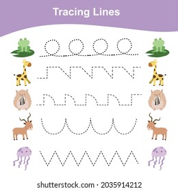 Tracing Lines Game Animals Edition. Educational worksheet. Worksheet activity for preschool kids. Preschool Education. Vector illustration. 