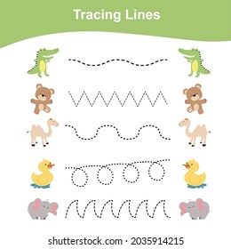 Tracing Lines Game Animals Edition. Educational worksheet. Worksheet activity for preschool kids. Preschool Education. Vector illustration. 