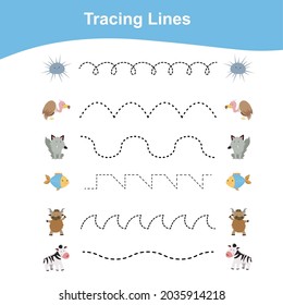 Tracing Lines Game Animals Edition. Educational worksheet. Worksheet activity for preschool kids. Preschool Education. Vector illustration. 